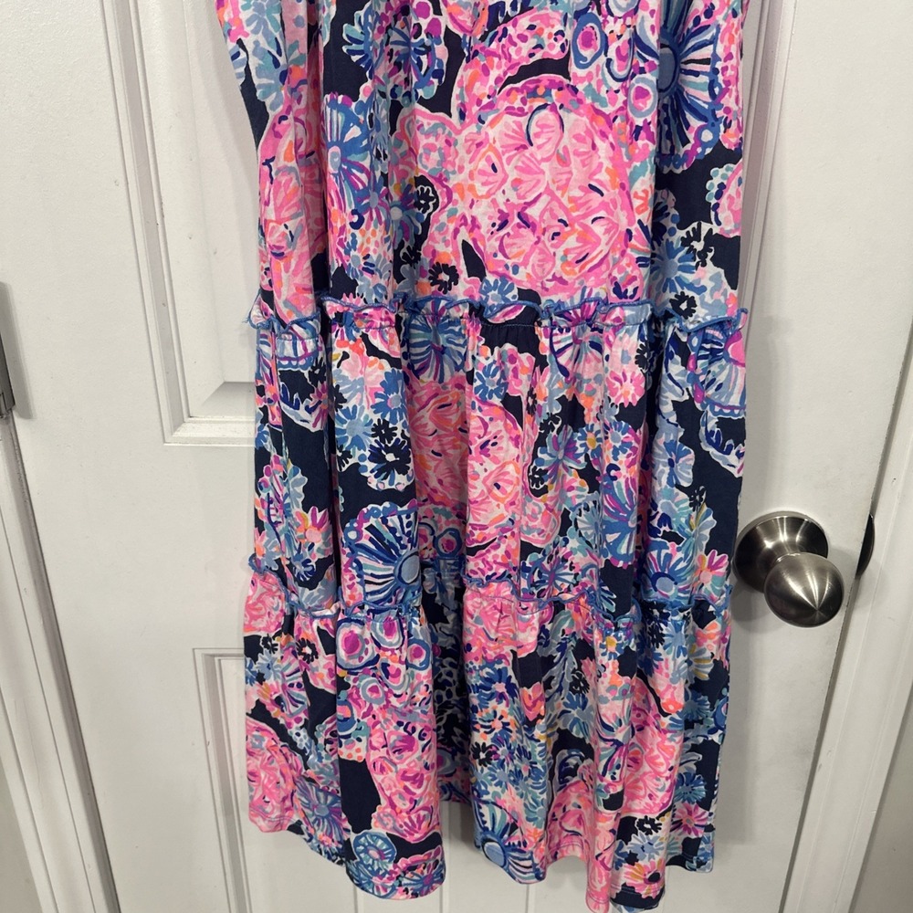 Lilly Pulitzer Loro Swing Dress Womens Sz M Blue High Tide Floral Pink Tiered - Picture 4 of 9